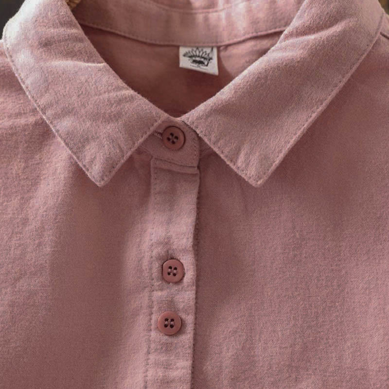 Buddha Stones Fall Solid Color Button Down Stand Collar Long Sleeve Women's Cotton Shirt