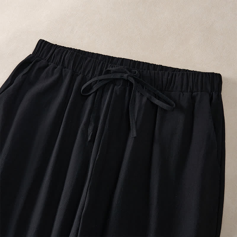 Buddha Stones Summer Lace-trimmed Hem Solid Color Women's Tapered Pants With Pockets
