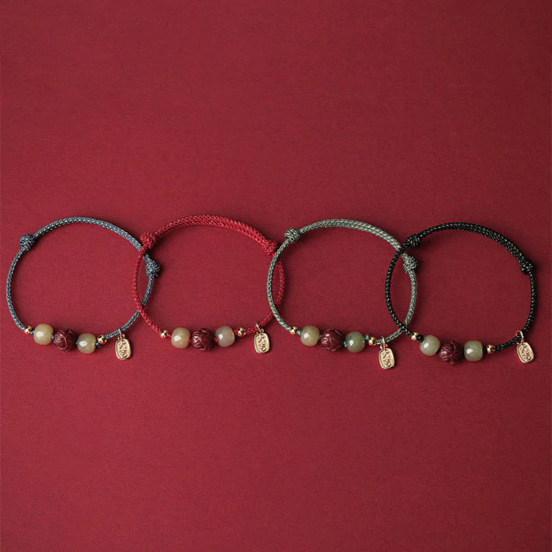 Buddha Stones 14K Gold Plated Hetian Jade Cinnabar Lotus Luck Handcrafted Rope Bracelet