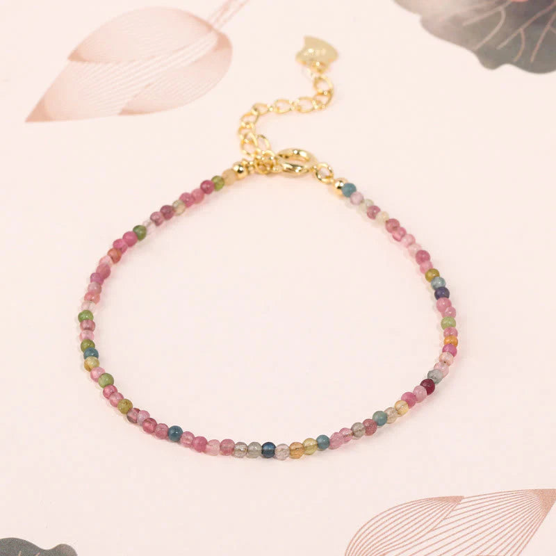 Buddha Stones 2mm Multicolor Tourmaline Ultra-thin Beads 14k Gold Plated Copper Wisdom Bracelet