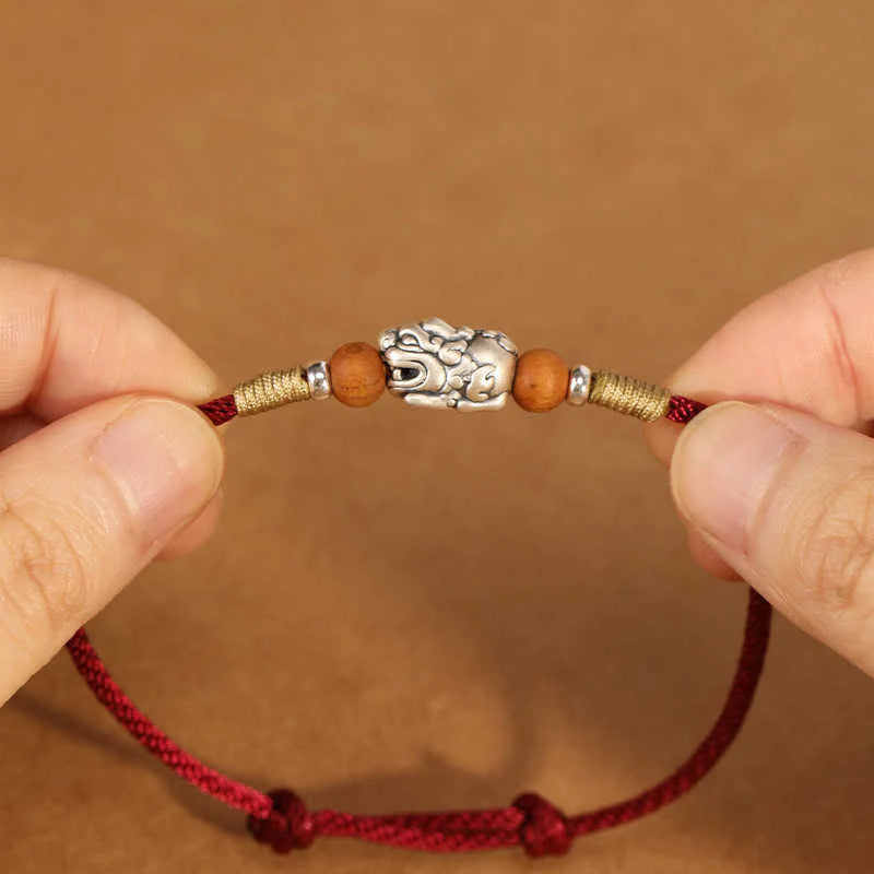 Buddha Stones 999 Sterling Silver Pixiu Charm Peach Wood Bead Handmade String Braided Luck Bracelet Anklet