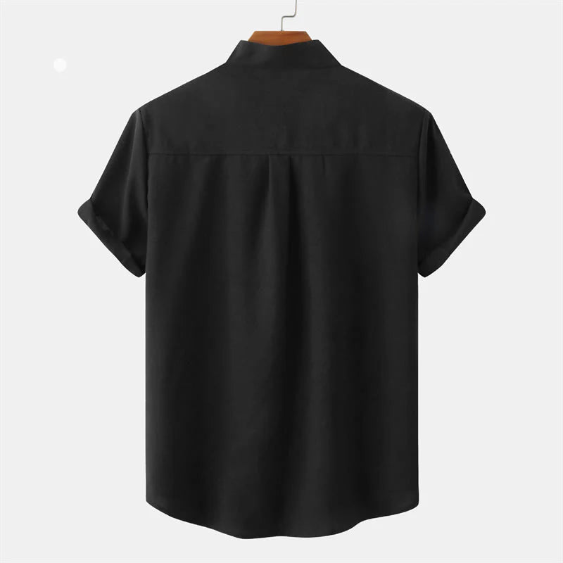 Buddha Stones Summer Men's Button Plain Short Sleeve Cotton Shirt With Pocket