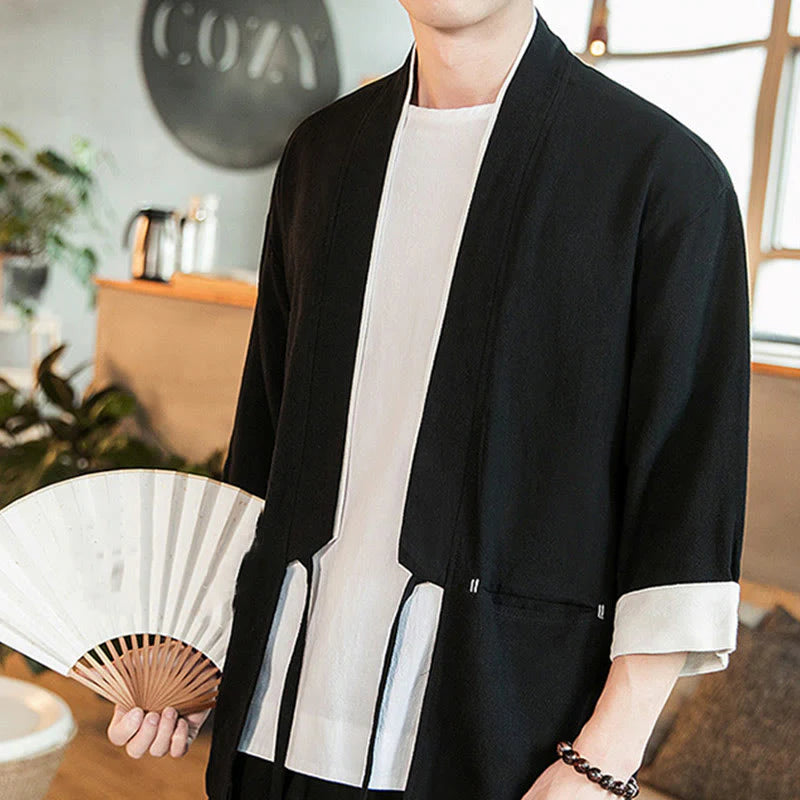 Buddha Stones Lace-Up Design Jacket Cotton Linen Men's Three Quarter Sleeve Kimono With Pockets