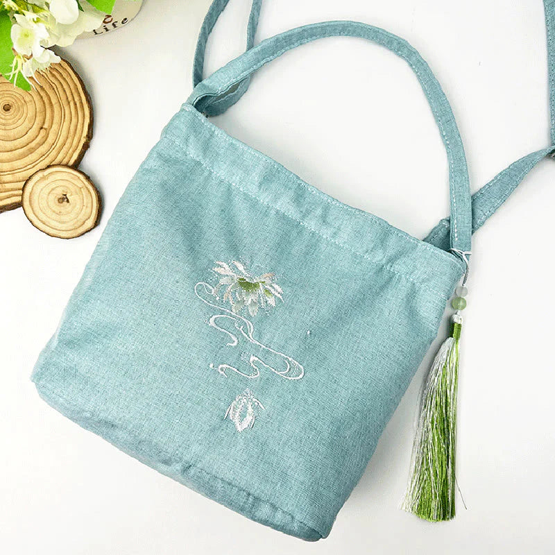 Buddha Stones Embroidery Wisteria Plum Lotus Cherry Blossom Cotton Linen Canvas Tote Crossbody Bag Shoulder Bag Handbag