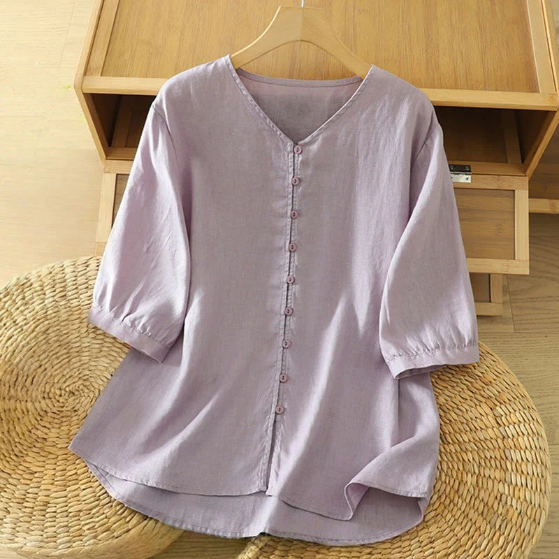 Buddha Stones Solid Buttons V-Neck Half Sleeve Women's Shirt