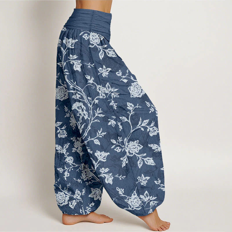Buddha Stones Cotton Full Coverage Flowers Pattern Women's Elastic Waist Harem Pants