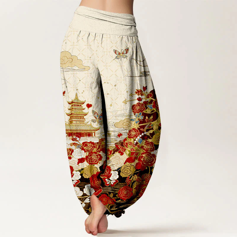 Buddha Stones Cotton Butterfly Rose Pagoda Heart Pattern Women's Elastic Waist Harem Pants