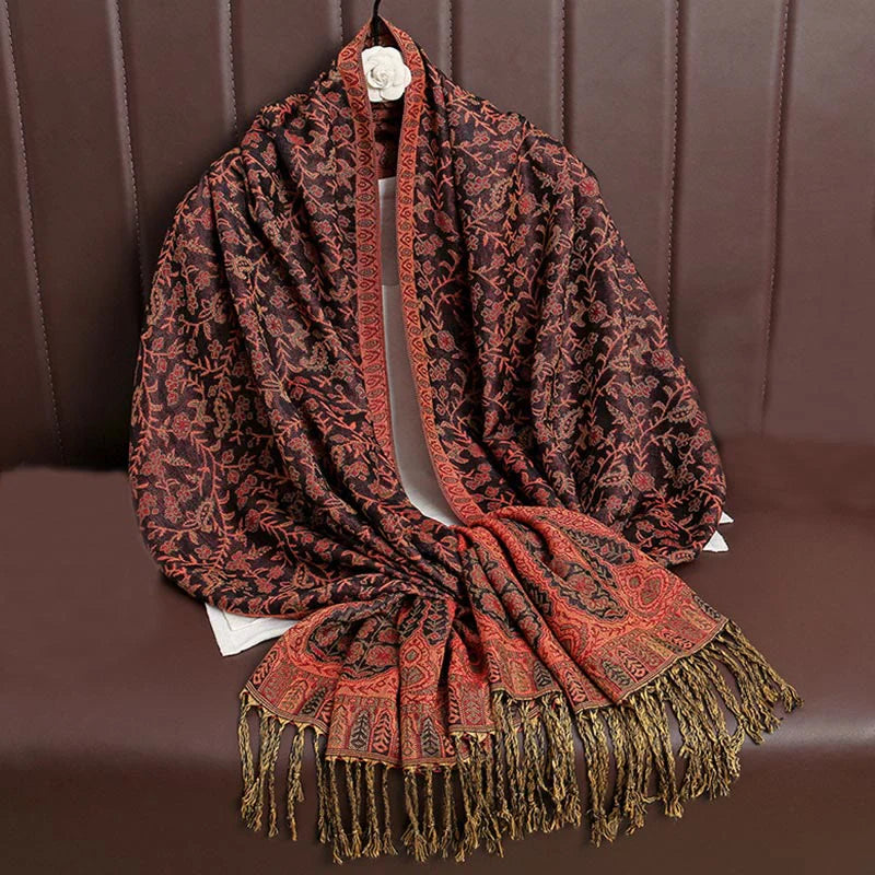 Buddha Stones Tibetan Jacquard Paisley Flower Pattern Color Contrast Design Tassel Cozy Scarf Shawl