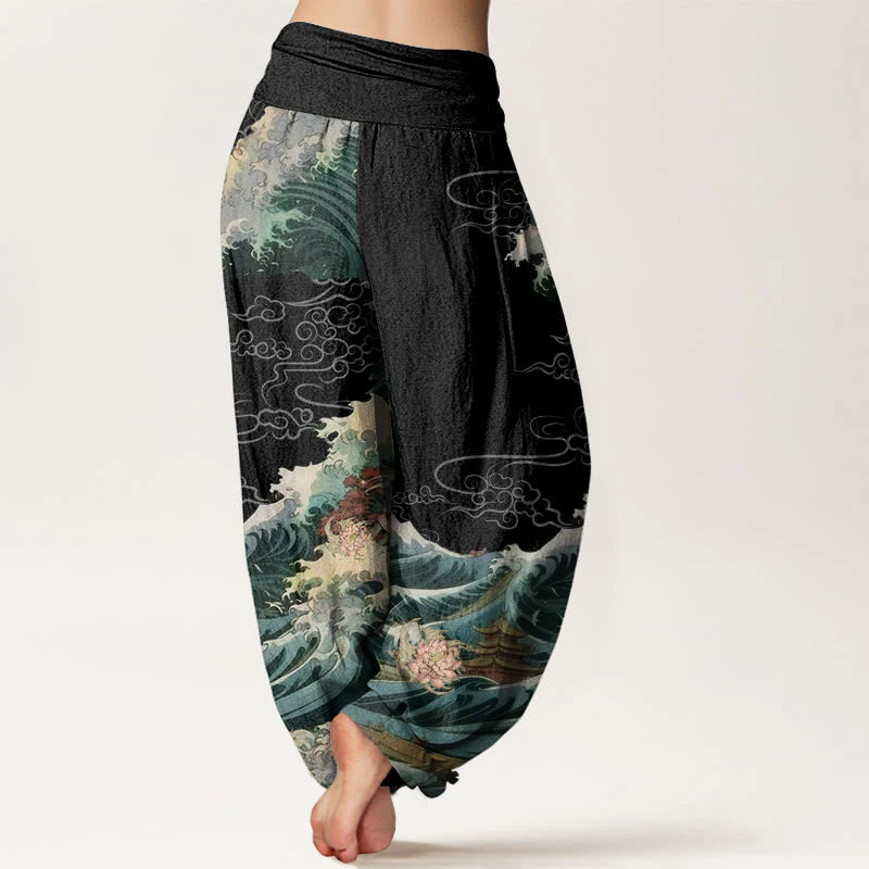 Buddha Stones Cotton Casual Blooming Lotuse Wave Pavilion Pattern Women's Elastic Waist Harem Pants