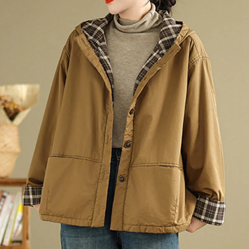 Buddha Stones Plaid Hoodie Pattern Women's Long Sleeve Cotton Thickened Jacket With Pockets