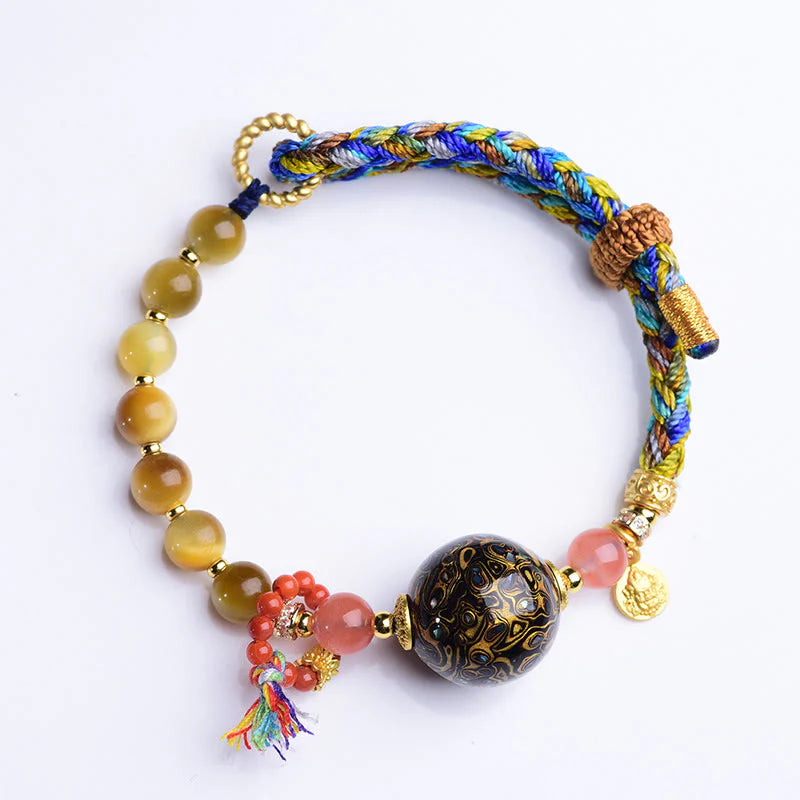 Buddha Stones Tibetan  Lacquer Bead Hand-woven Tiger Eye Stone Protection Bracelet