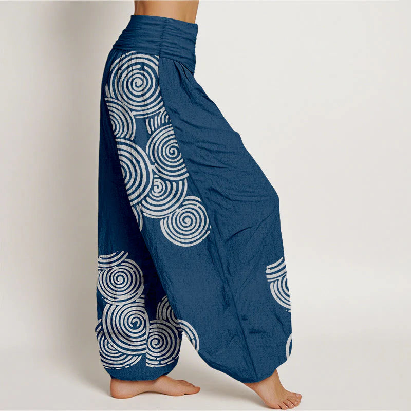 Buddha Stones Printed White Spiral Pattern Women's Elastic Waist Harem Pure Cotton Pants