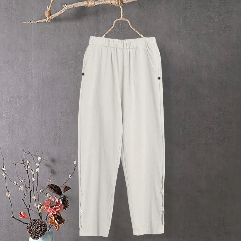 Buddha Stones Casual Pure Color Hollow Button Cuff Design Women's Cotton Linen Pants With Pockets