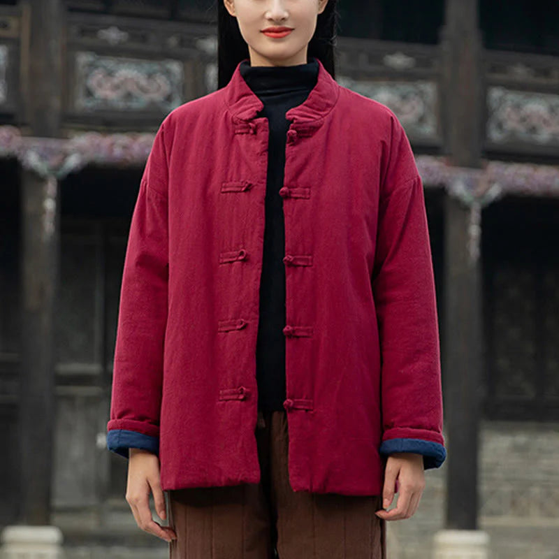 Buddha Stones Winter Solid Frog-Button Long Sleeve Cotton Women's Thermal Jacket With Pockets