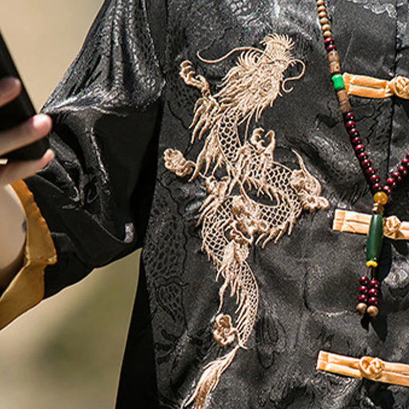 Buddha Stones Embroidered Dragon Pattern Colorblock Design Tang Suit Men's Frog-Button Half Sleeve Shirt