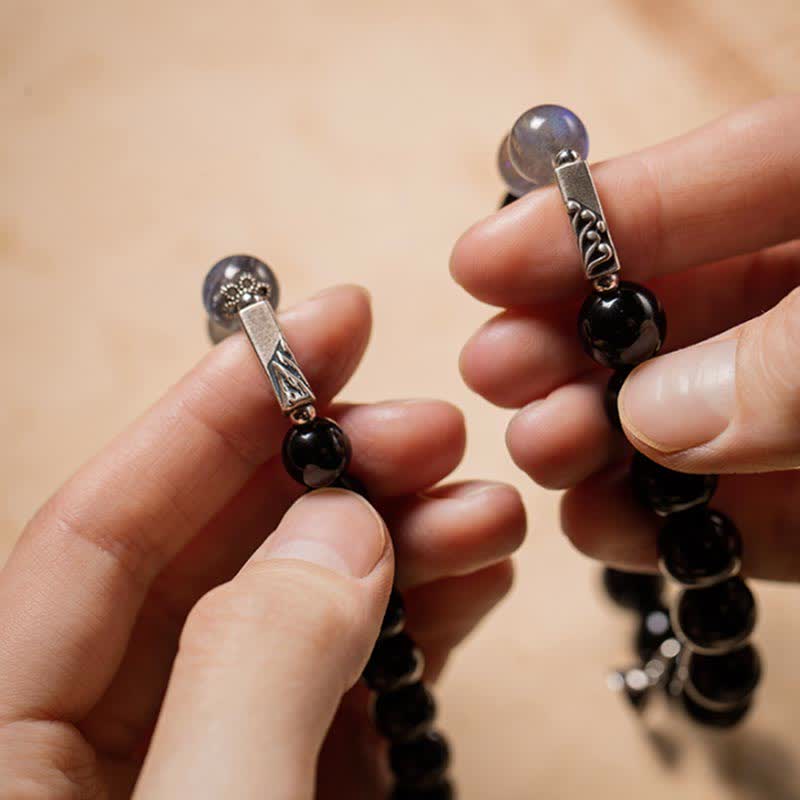 Buddha Stones 925 Sterling Silver Obsidian Moonstone Strength Couple Bracelet