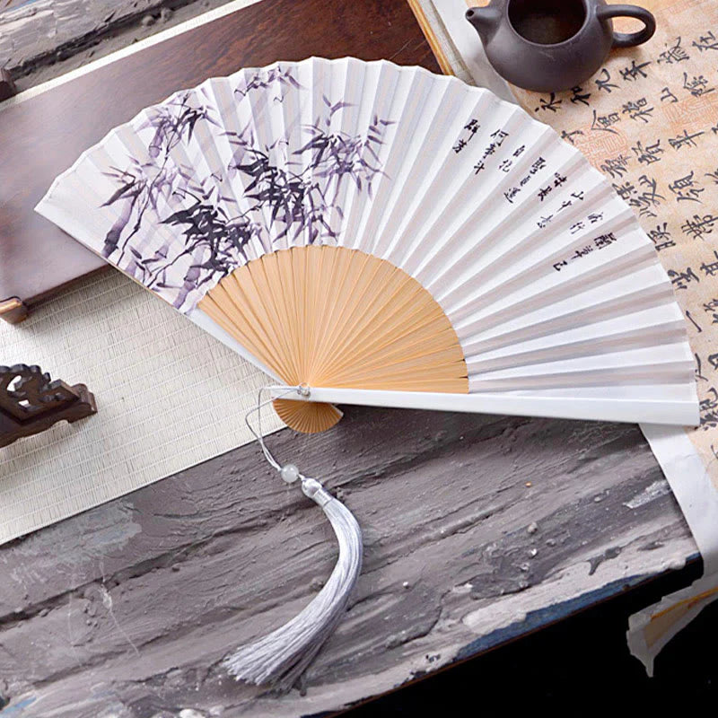 Buddha Stones Chinese Characters Ink Painting Lotus Flower Leaf Landscape Handheld Huayao Crepe Polyester Bamboo Folding Fan 23.3cm