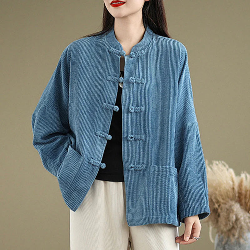 Buddha Stones Frog-button Stand Collar Women's Corduroy Jacket