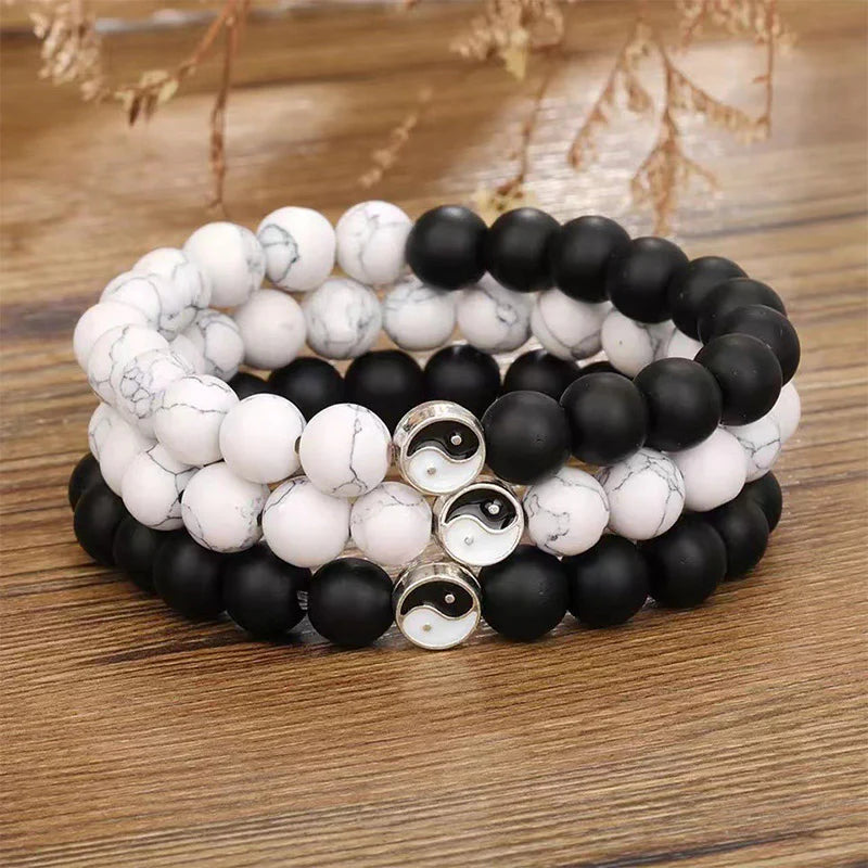 Buddha Stones 3pcs Natural White Turquoise Frosted Stone Bead Yin Yang Wealth Bracelet (Extra 35% Off | USE CODE: FS35)