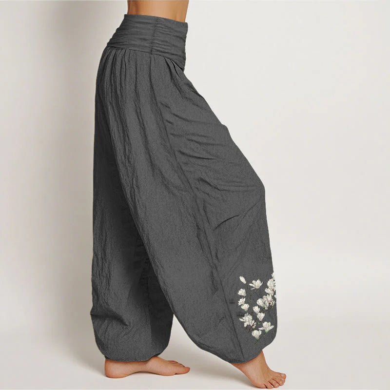 Buddha Stones Pure Cotton Simple Magnolia Flower Pattern Women's Elastic Waist Harem Pants