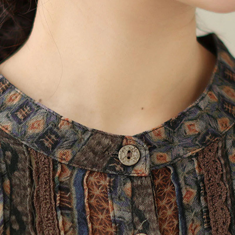 Buddha Stones Retro Printed Floral Women's Accordion Pleats Design Long Sleeve Shirt With Pockets
