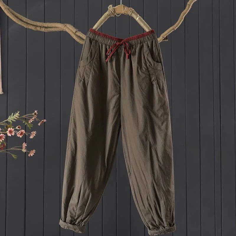 Buddha Stones Plain Color Blocking Cotton Polyester Thick Women's Pants With Pockets