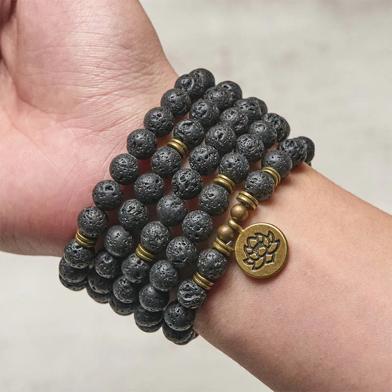 FREE Today: Healing and New Beginning Retro Lotus Symbol Charm Lava Rock Bead Mala