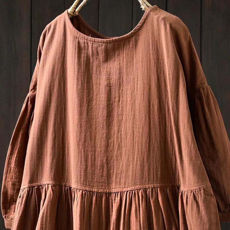 Buddha Stones Summer Solid Color Crew Neck Half Sleeve Cotton Midi Dress With Pockets