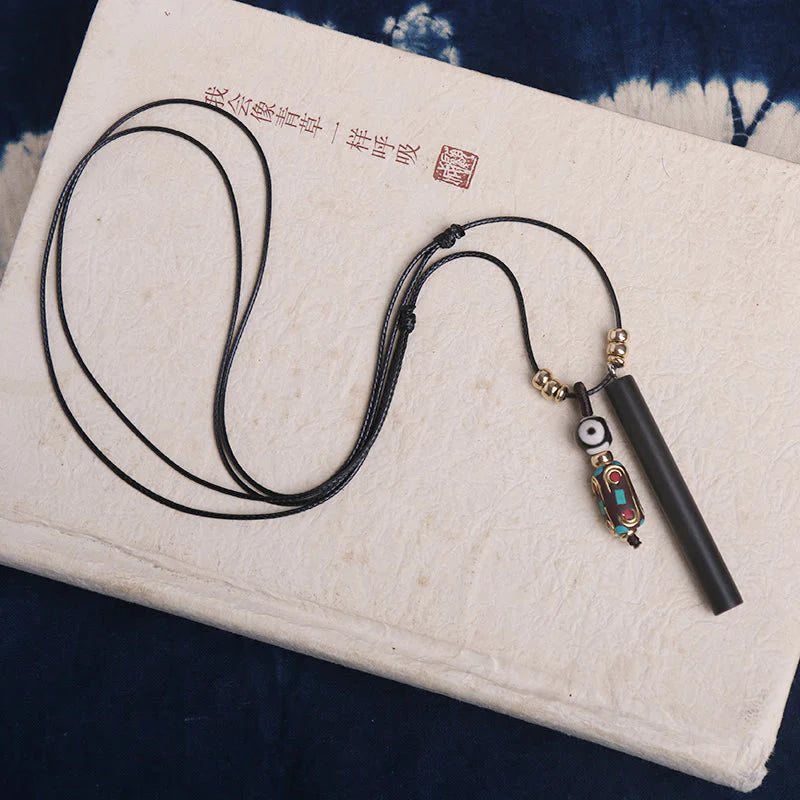 Buddha Stones Tibetan Ebony Wood Dzi Bead Peace Calm Necklace Pendant