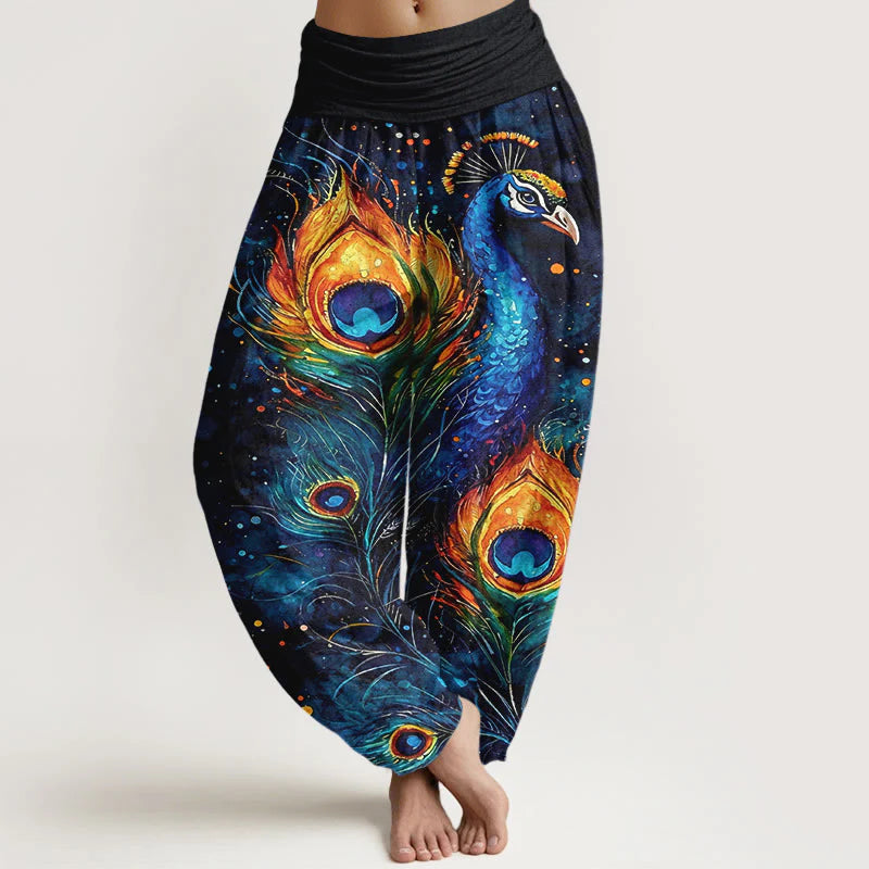 Buddha Stones Cotton Peacock Starry Sky Pattern Women's Elastic Waist Harem Pants