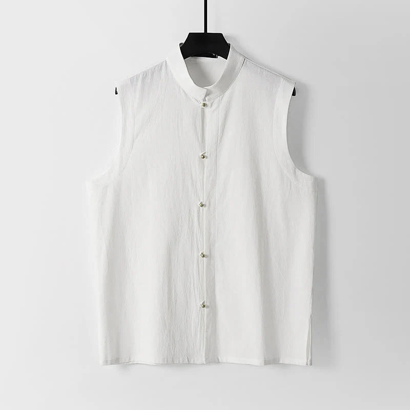 Buddha Stones Summer Solid Color Stand Collar Men's Cotton Linen Sleeveless Vest