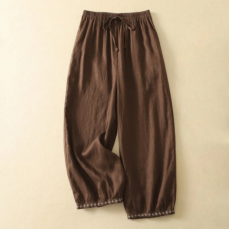 Buddha Stones Casual Retro Drawstring Embroidery Design Women's Cotton Linen 7-8 Length Pants With Pockets