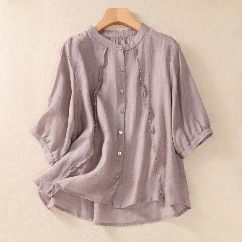 Buddha Stones Casual Daily Plain Button Ruffled Design Stand Collar Women's Cotton Linen Three Quarter Sleeve Shirt Cardigan