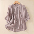 Buddha Stones Casual Daily Plain Button Ruffled Design Stand Collar Women's Cotton Linen Three Quarter Sleeve Shirt Cardigan