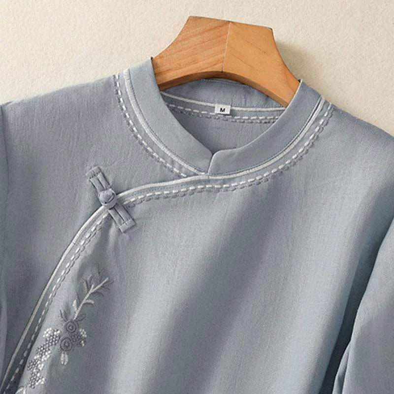 Buddha Stones Summer Stand Collar Short Sleeve Plain Women's  Frog-Button Cotton Shirt With Pocket