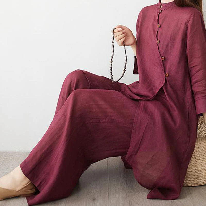 Buddha Stones Casual 2pcs Plain Three Quarter Sleeve Slanted Collar Shirt Top Wide Leg Pants With Pockets Meditation Zen Tai Chi Clothing Women's Set