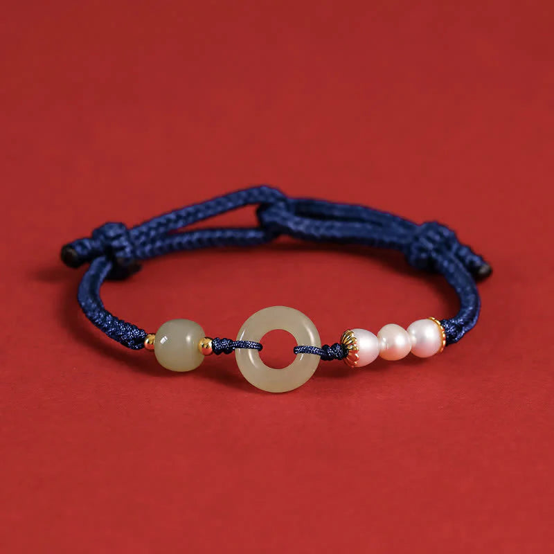 Buddha Stones Natural Hetian Jade Pearl Peace Buckle Luck Bracelet (Extra 35% Off | USE CODE: FS35)