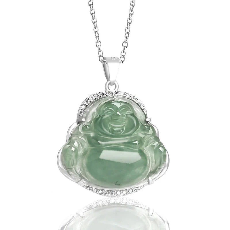 Buddha Stones Laughing Buddha Natural Jade Luck Prosperity Necklace Titanium Steel Chain Pendant