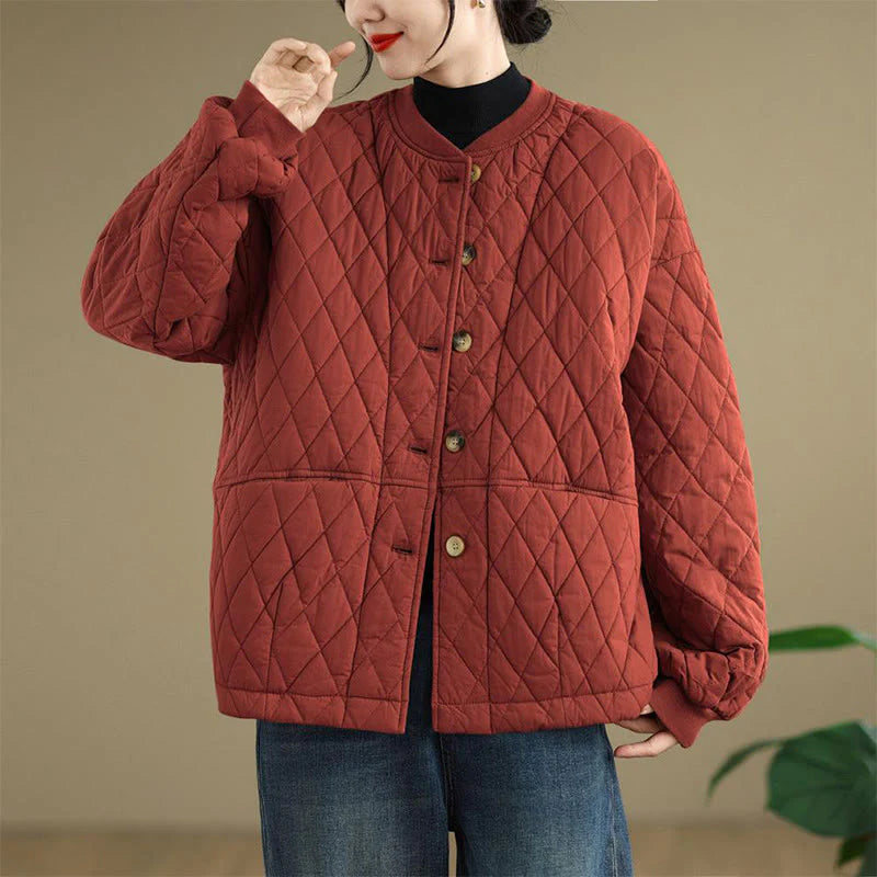 Buddha Stones Diamond Grid Pattern Women's Long Sleeve Cotton Thickened Jacket With Pockets