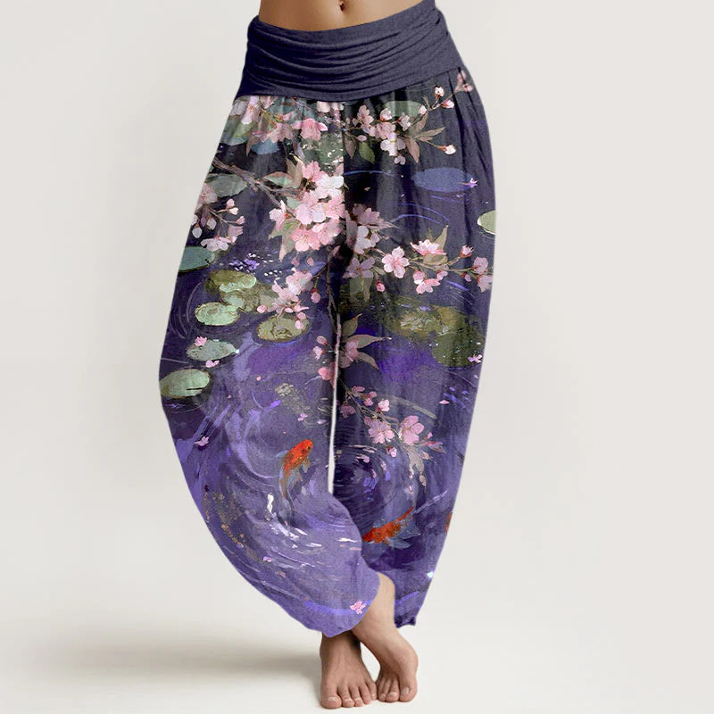 Buddha Stones Pure Cotton Sakura Blossoms Koi Fish Lotus Leaves Women's Elastic Waist Harem Pants