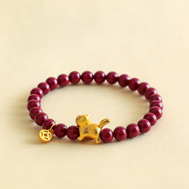 Buddha Stones Cute Lucky Cat Charm Garnet Cinnabar Calm Protection Beaded Bracelet