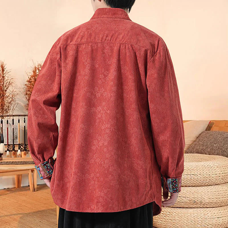 Buddha Stones Plain Plum Blossom Pattern Long Sleeve Men's Cotton Corduroy Tang Suit Jacket