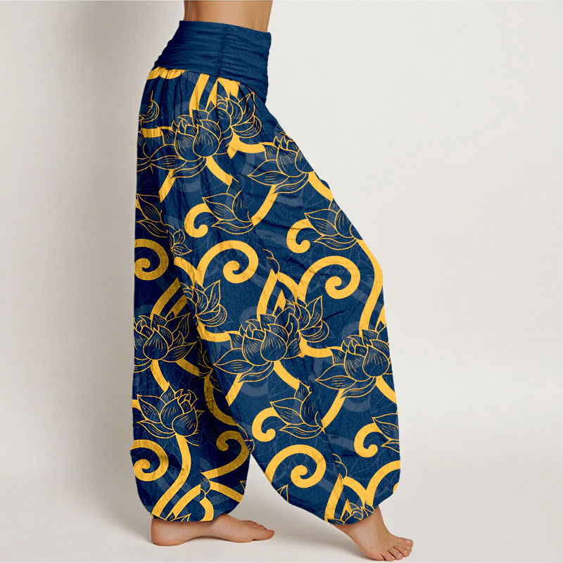 Buddha Stones Pure Cotton Elegant Gorgeous Lotus Scroll Pattern Women's Elastic Waist Harem Pants