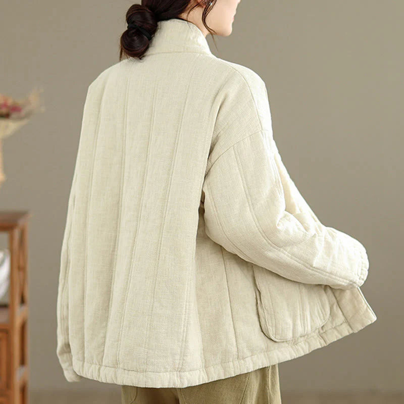 Buddha Stones Winter Solid Long Sleeve Cotton Women's Thermal Jacket With Pockets
