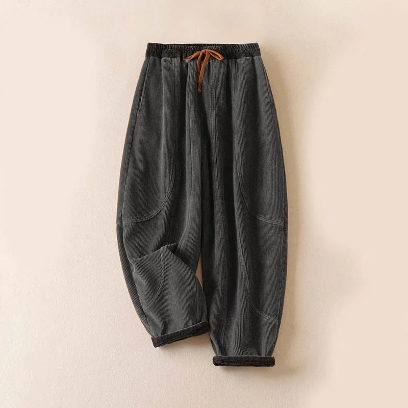 Buddha Stones Color Contrast Corduroy Cotton Women's Thermal Fleece-Lined Harem Pants With Pockets