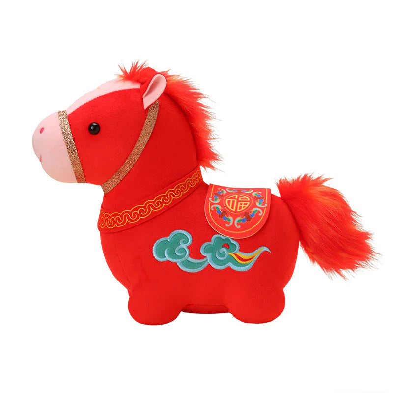 Buddha Stones Year Of The Horse Auspicious Cloud Pattern Stuffed Red Pony Plush Doll Home Decoration