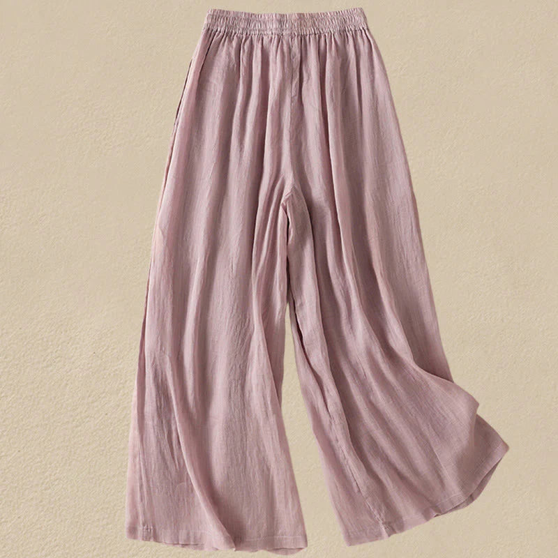 Buddha Stones Commute Embroidery Drawstring Women's Cotton Wide Leg Pants With Pockets
