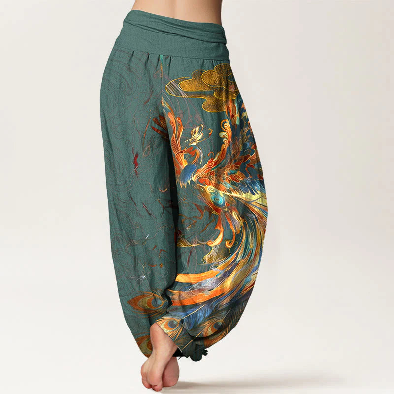 Buddha Stones Pure Cotton Gorgeous Flying Phoenix Cloud Pattern Women's Elastic Waist Harem Pants