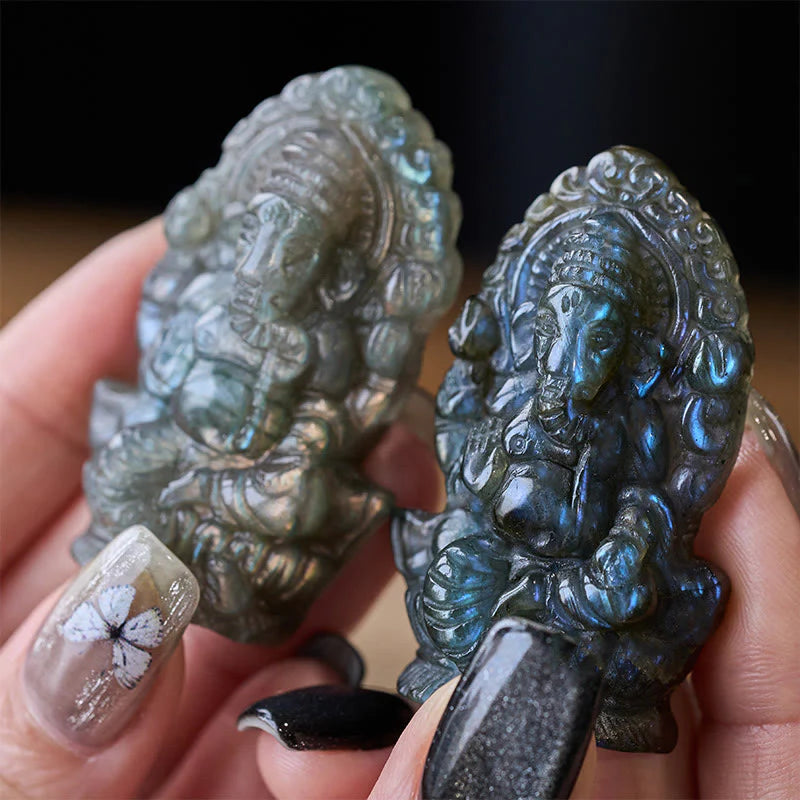 Buddha Stones Ganesh Ganpati Elephant Figurine Labradorite Healing Statue Home Decoration