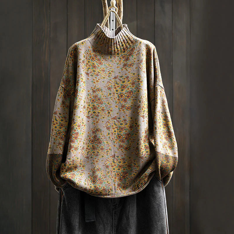 Buddha Stones Women's Knitted Floral Cotton Ribbed Hem Long Sleeve Mock Neck Sweater